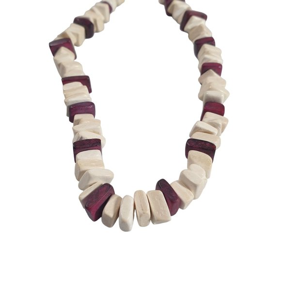 Choker Necklace Wood Bead Men Women 17" Handmade Fashion White Maroon Beach Core - Picture 3 of 4